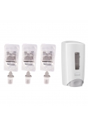 Pachet 3 rezerve sapun spuma dezinfectant 75% alcool + dispenser Flex spuma dezinfectant 1300 ml, alb